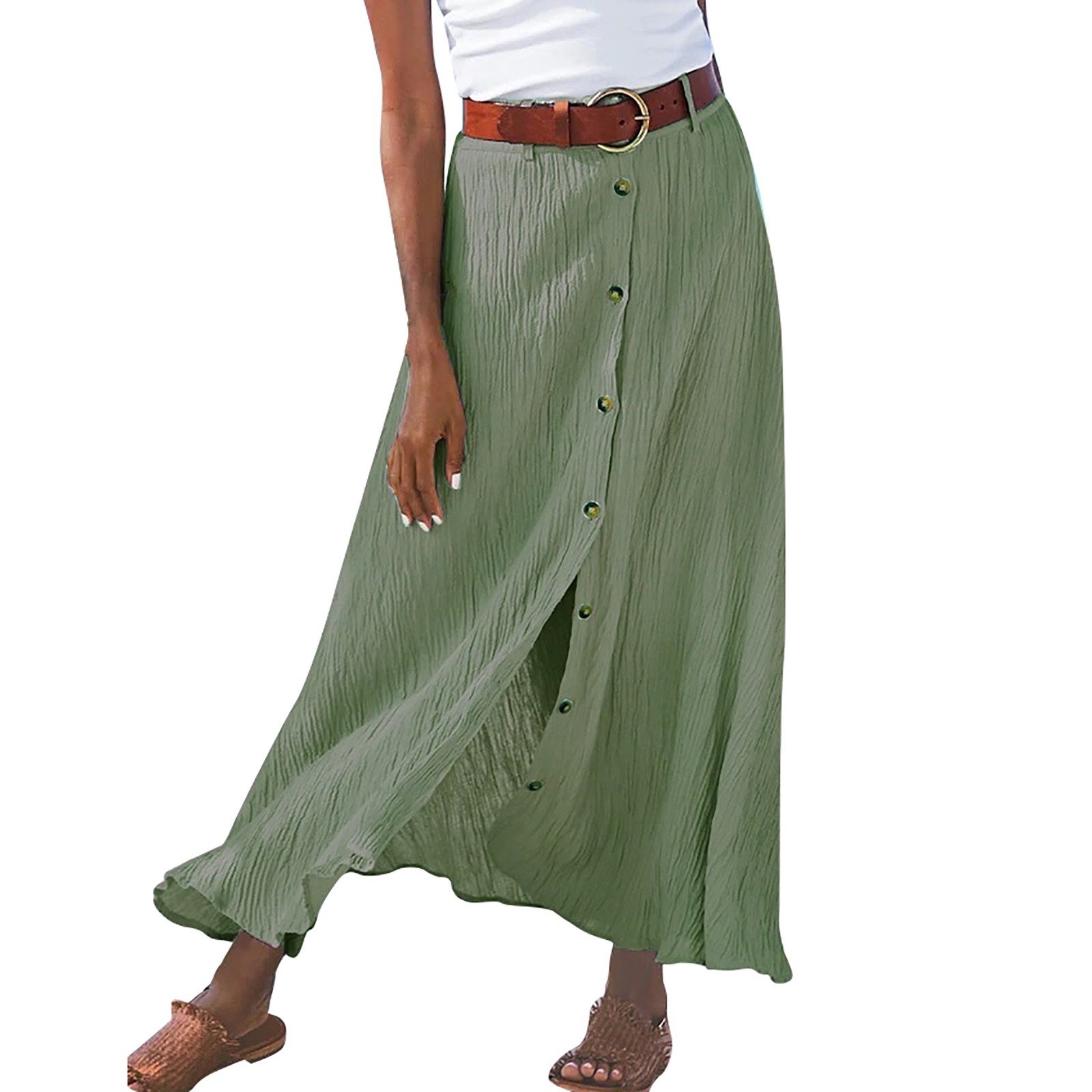 thumbnail image 3 of Vestido con abertura de algodón y lino para mujer: cintura media, largo medio, color liso, adecuado para verano/otoño, tallas S-XXL (cintura/cadera/longitud), 3 of 5